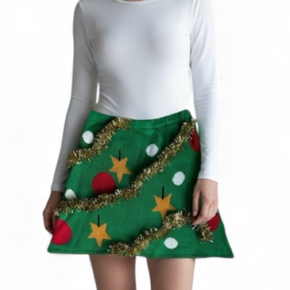 Derek Heart Holiday Knit Mini Skirt Ugly Christmas Skirt Ornament Tinsel Medium